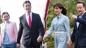 Rivalové z britských voleb: Šéf labouristů Miliband a šéf konzervativců Cameron s manželkami