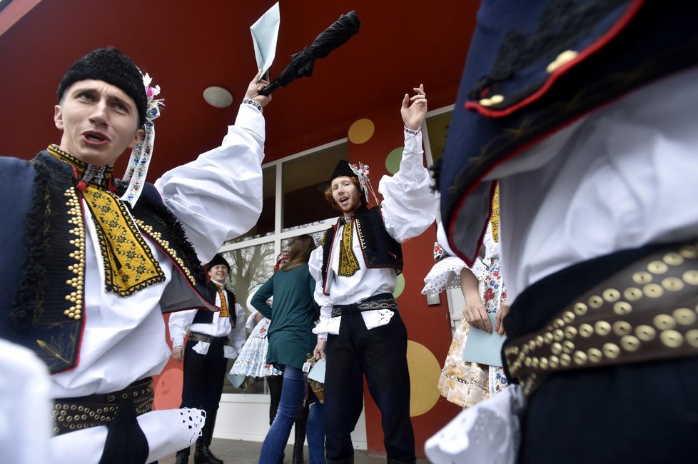 Členové Březolupské chasy odevzdali 21. října svůj hlas ve volbách do Poslanecké sněmovny v obci Březolupy na Uherskohradišťsku, kde se ten den konaly tradiční slovácké hody.