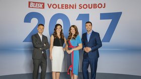 Moderátoři Blesk Volebního souboje 2017: Zleva: Jakub Veinlich, Zuzana Štíchová, Klára Brunclíková a David Vaníček