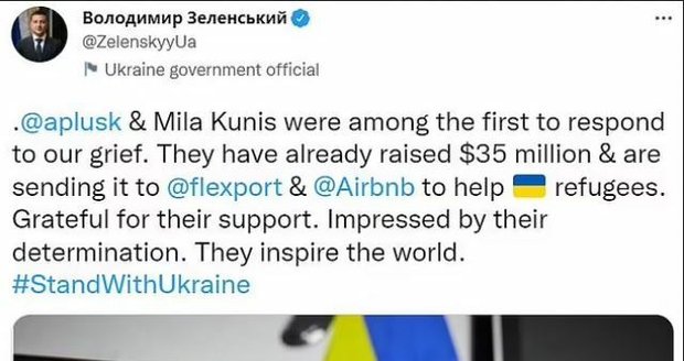 Prezident Zelenskyj ocenil pomoc Mily Kunis a Ashtona Kutchera.