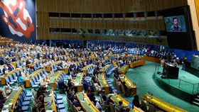 Ukrajinský prezident Volodymyr Zelenskyj během vystoupení před Valných shromážděním OSN (19.9.2023)