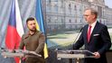 Premiér Petr Fiala a ukrajinský prezident Volodymyr Zelenskyj na tiskové konferenci