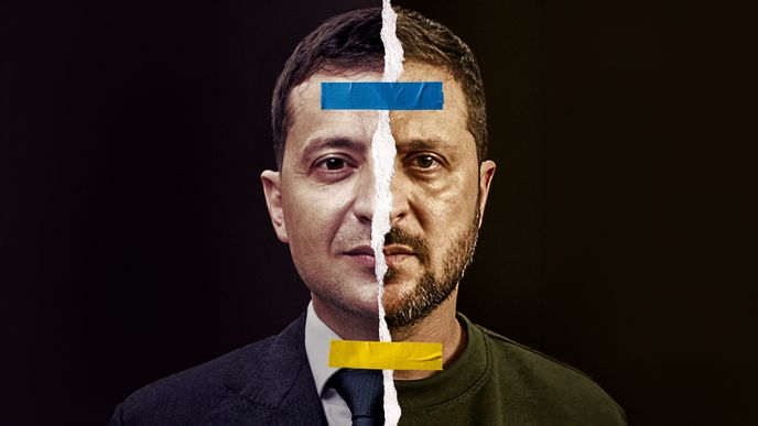 Proměna tváře ukrajinského prezidenta Volodymyra Zelenského jako obálka Reflexu