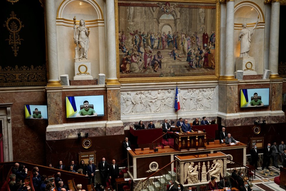 Vystoupení ukrajinského prezidenta Volodymyra Zelenského ve francouzském parlamentu (23.3.2022)