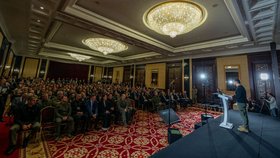 Ukrajinský prezident Volodymyr Zelenskyj na zbrojařském fóru v Kyjevě (29.9.2023)