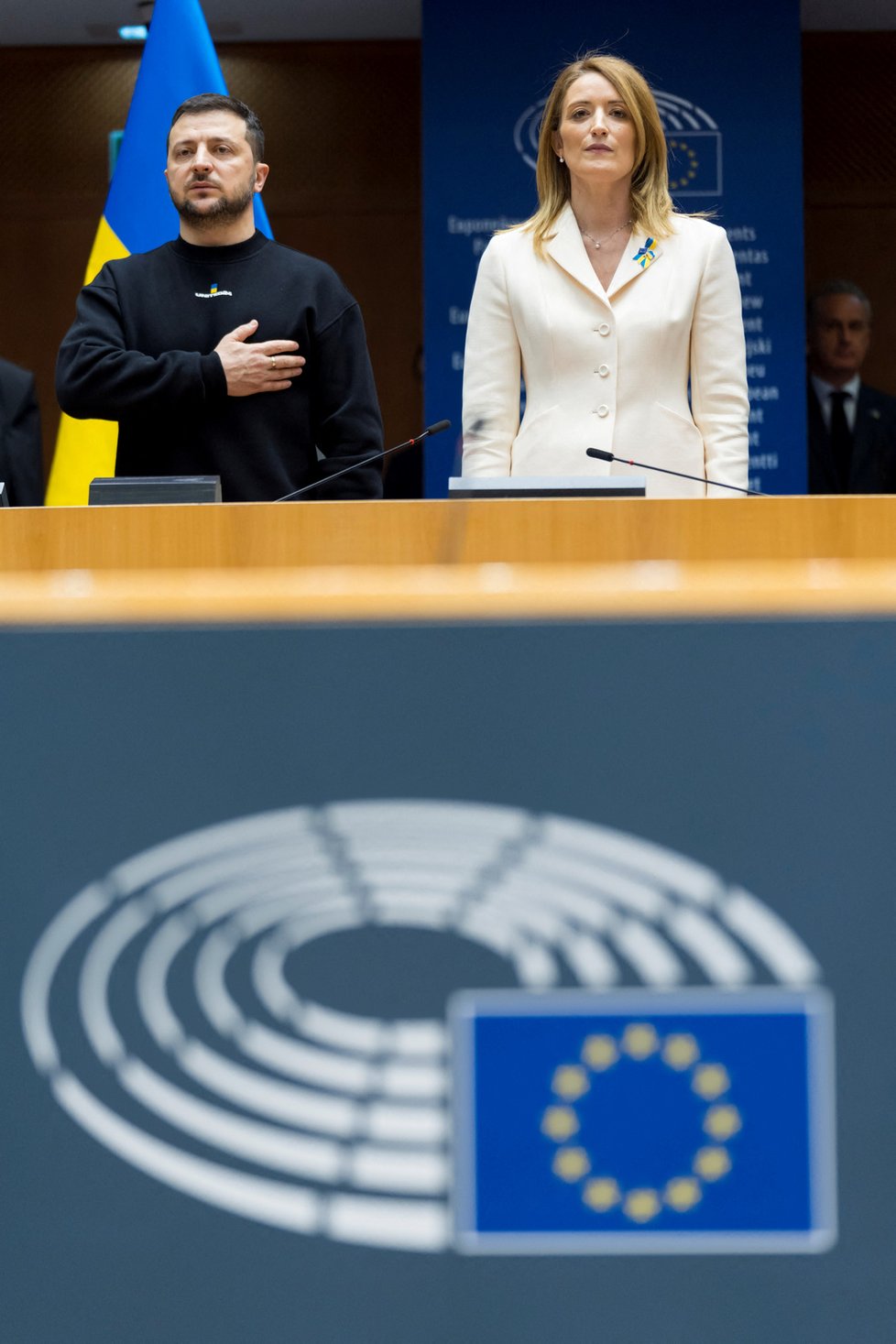 Summit v Bruselu: Ukrajinský prezident Volodymyr Zelenskyj na tiskové konferenci. (9.2.2023)