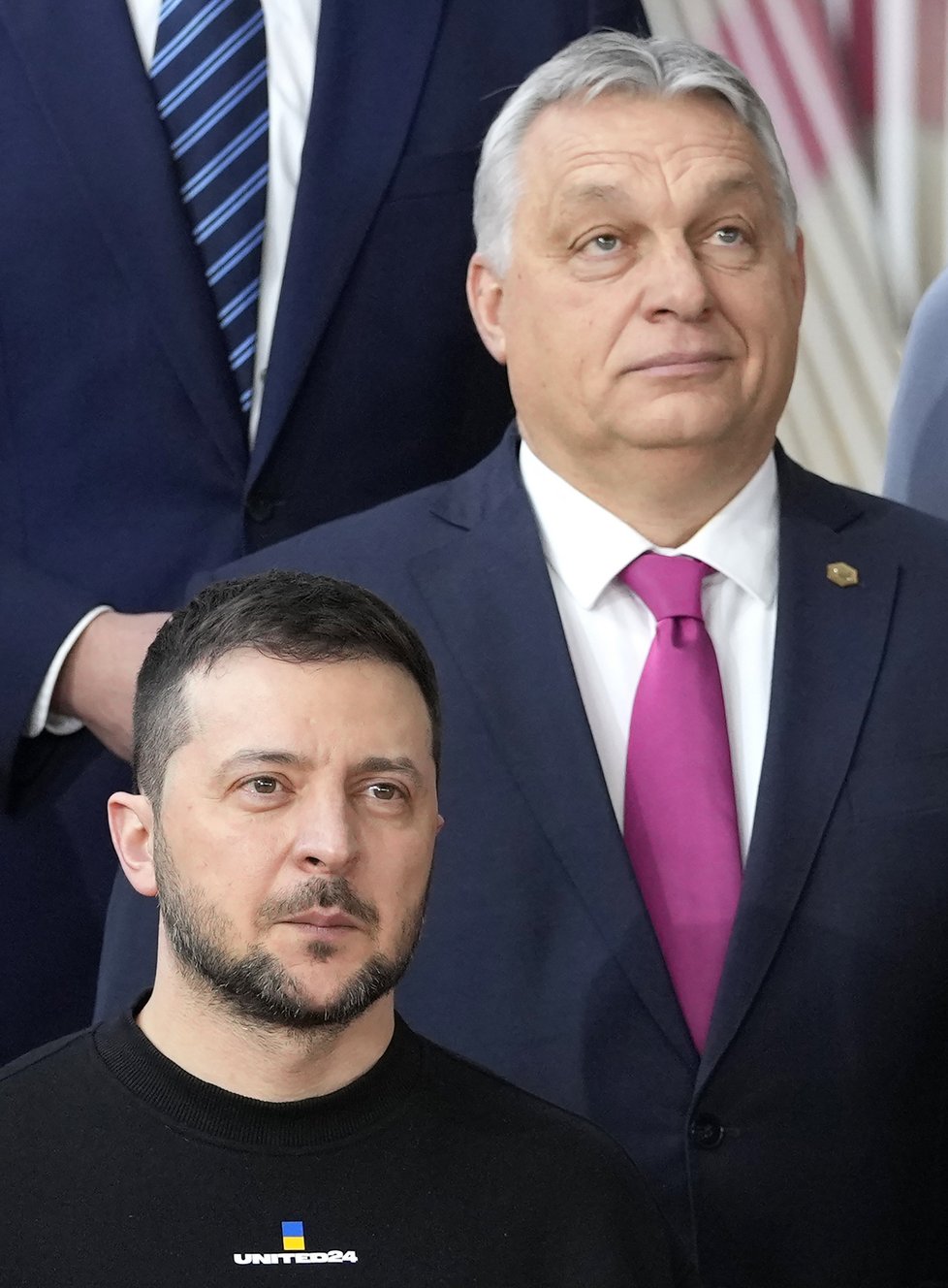 Summit v Bruselu: Ukrajinský prezident Volodymyr Zelenskyj a maďarský premiér Viktor Orbán na tiskové konferenci. (9.2.2023)