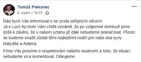 To, že jako první sepsal status Tomáš Plekanec, nahrává tomu, že vztah mohl ukončit on.