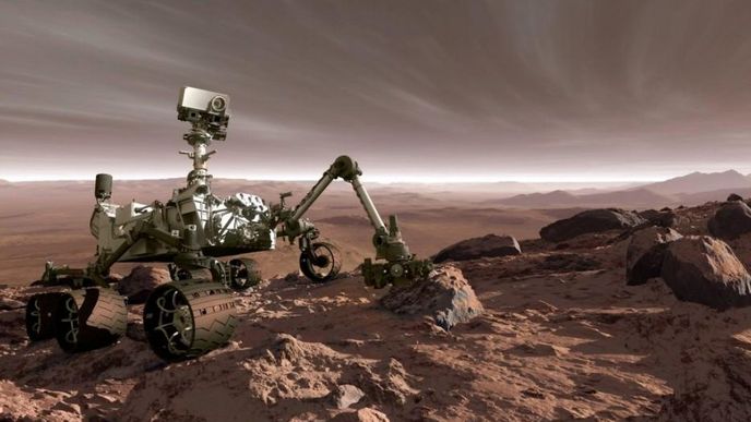 Vozítko Curiosity na vizualizaci.