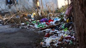 Hned při vstupu do areálu Vránova mlýna leží množství odpadků, které tam naházeli bezdomovci a narkomani.