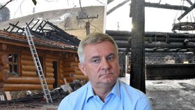 Vyhořelý srub Vratislava Mynáře v Osvětimanech