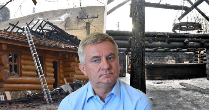 Vyhořelý srub kancléře Mynáře v Osvětimanech