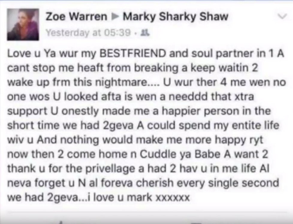 Zoe Warren se posléze vraždu snažila zakrýt příspěvkem na Facebooku.