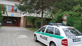 Policejní vůz parkuje před pavilonem nemocnice v Kyjově, kde leží matka zavražděných dětí.