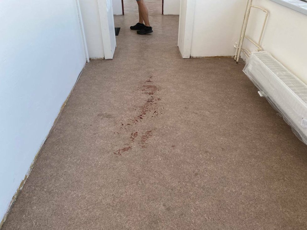 Před dveřmi do bytu, kde ve čtvrtek mělo dojít k vraždě je ještě viditelná zaschlá kaluž krve.