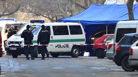Kriminalisté a forenzní specialisté ohledávají místo nálezu mrtvého taxikáře v Lužické ulici.