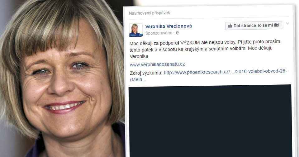 Senátorka Veronika Vrecionová umístila na Facebook příspěvek zobrazující graf s výsledkem předvolebního průzkumu (redakčně začerněno).