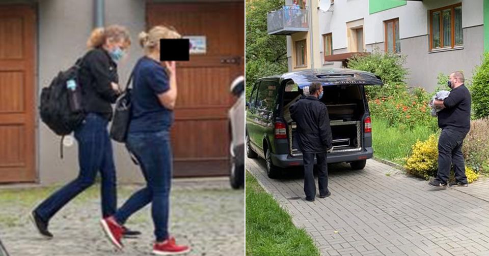 Tragédie na Jarově, zemřelo tam malé miminko.  Na snímku matka v doprovodu policistů. Pohřebáci kojence vynáší ven.