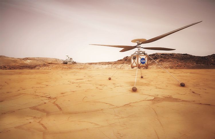 Vrtulník MHS (Ingenuity). V budoucnu by podobné stroje na Marsu mohly vyhledávat zajímavé geologické cíle a pomáhat roverům při pohybu po povrchu