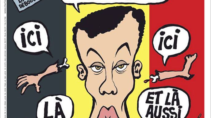 Titulka týdeníku Charlie Hebdo, který vyšel týden po atentátu: "Tati, kde jsi?", "Tady jsem", "a tady" " a tady taky"...