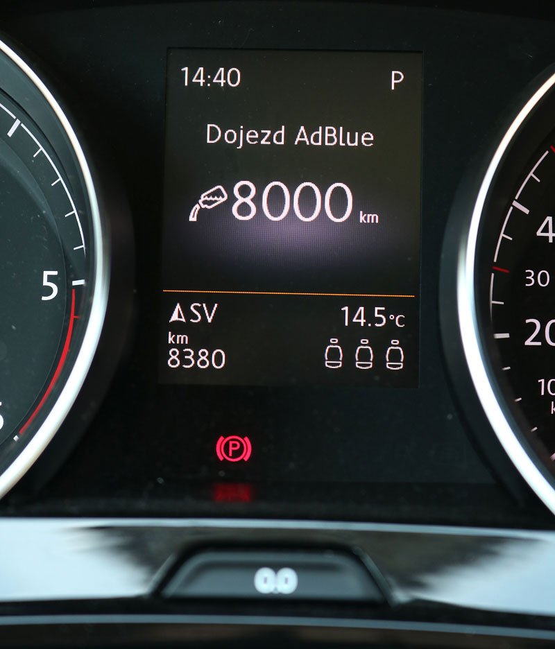 Desetilitrová nádržka na AdBlue nám stačila na 8000 až 9000 km. Na klesající hladinu nás touran vždy upozornil s dlouhým předstihem.