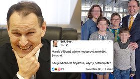 Marek Výborný (KDU-ČSL) s rodinou vpravo a komentátor Erik Best se svým nevkusným vyjádřením