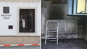Následky výbuchu na radnici v Rýmařově.