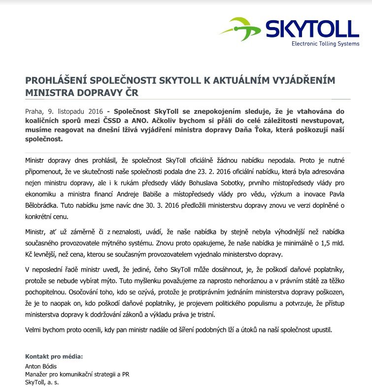 Vyjádření společnosti SkyToll