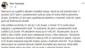 K aktuální kauze se Pirát Vymazal vyjádřil na svém facebookovém profilu.