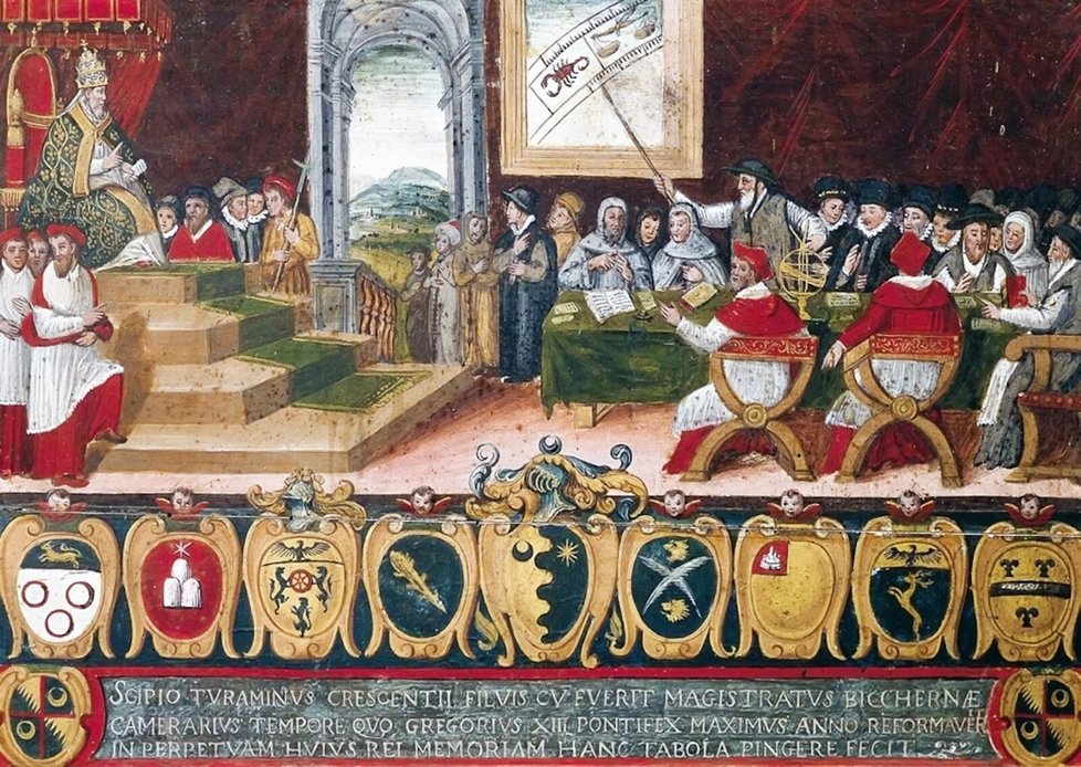 Papež Řehoř XIII. na trůnu předsedá komisi pro reformu juliánského kalendáře v roce 1582.