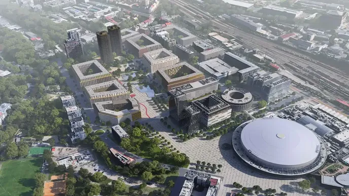 Možné rozložení budoucí čtvrti u O2 arény Možné rozložení budoucí čtvrti u O2 arény