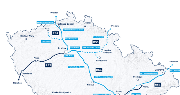 Plánovaná síť rychlých spojení (RS) v České republice.