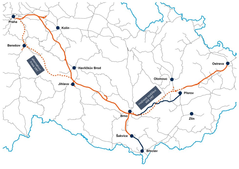 Mapa plánovaných vysokorychlostních tratí v ČR.