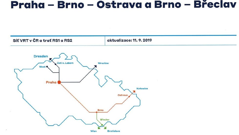 Mapa plánovaných vysokorychlostních tratí v ČR.