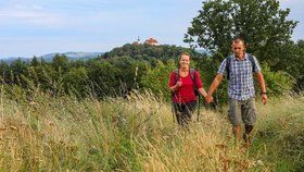 Vysoký Chlumec. Hrad na vysokém kuželovitém kopci, který dominuje místní krajině.