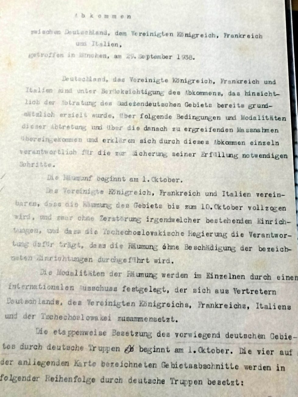 Kopie mnichovské dohody, která v září 1938 připravila Československo o Sudety.