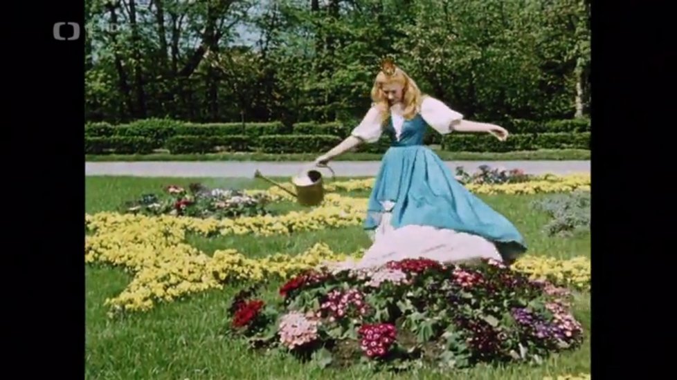 Princezna se zlatou hvězdou (1959). Tyto šaty měla na sobě princezna Lada (Marie Kyselková), když v zahradě zalévala kytky a přijel král Kazisvět VI. (Martin Růžek).