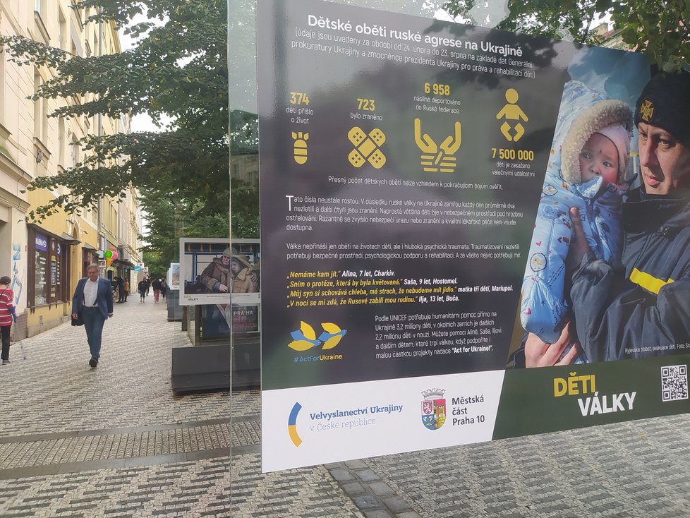 Fotografie ve sklenených panelech znázorňují krutou realitu devastované Ukrajiny a především syrový a nešťastný život tamních dětí.