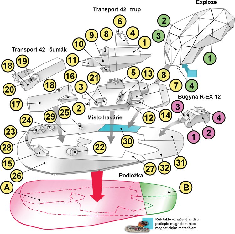 Návodná kresba vystřihovánky havarované vesmírné lodi