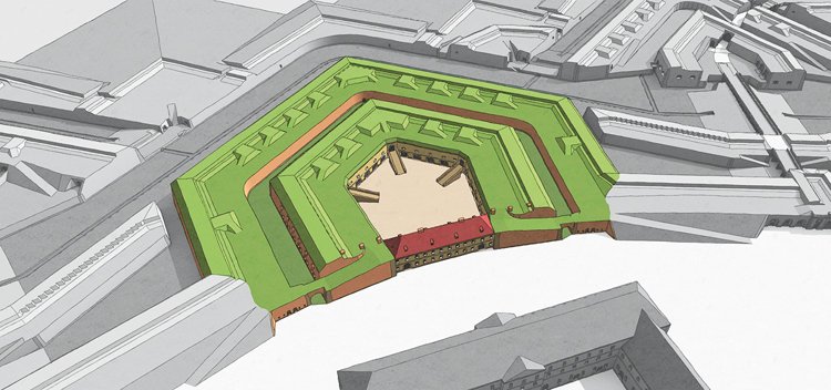 3D model ravelinu s reduitem a bastionu s kavalírem v terezínské Hlavní pevnosti. Reduit a kavalír stojí uvnitř a tvoří druhou palebnou řadu