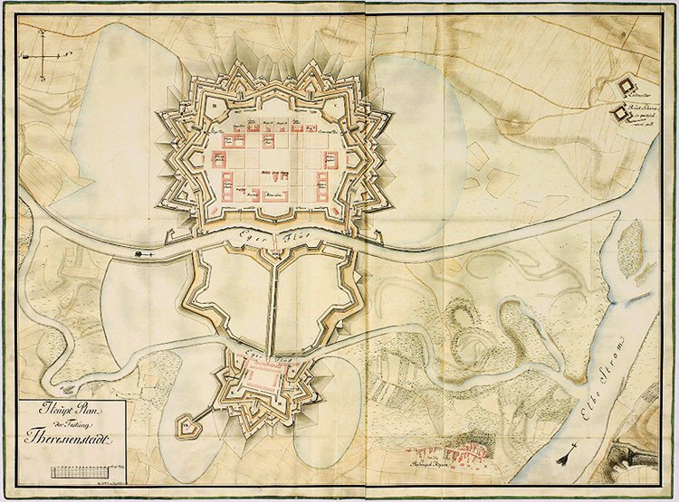 Bastionová pevnost měla tři pásy opevnění, vnější val glacis (A), střední trojhranné raveliny (B) a vnitřní pětiboké bastiony (C) s přímými částmi hradeb – kurtinami (D)