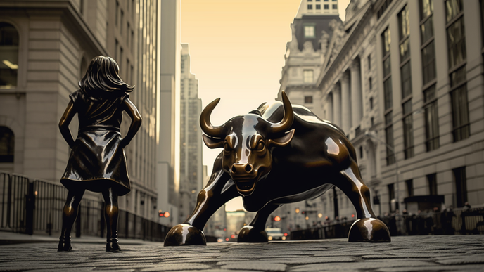 Bronzová socha býka Charging Bull stojící nedaleko budovy americké burzy na Wall Street očima umělé inteligence.