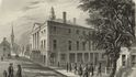 Rytina z roku 1855 zobrazující pohled na Wall Street, včetně původního Federal Hall, jak pravděpodobně ulice vypadala v době inaugurace George Washingtona (1789).