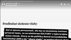 Prohlášení Wandy Hrycové o možné nominaci poslance Tomáše Taraby na post ministra kultury.