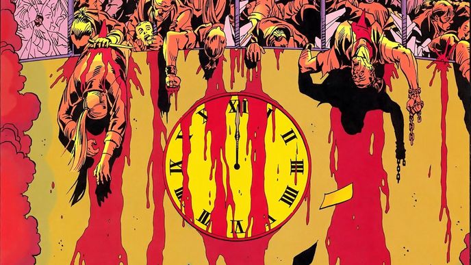 Vyobrazení skutečné nemetaforické půlnoci v komiksu Watchmen.