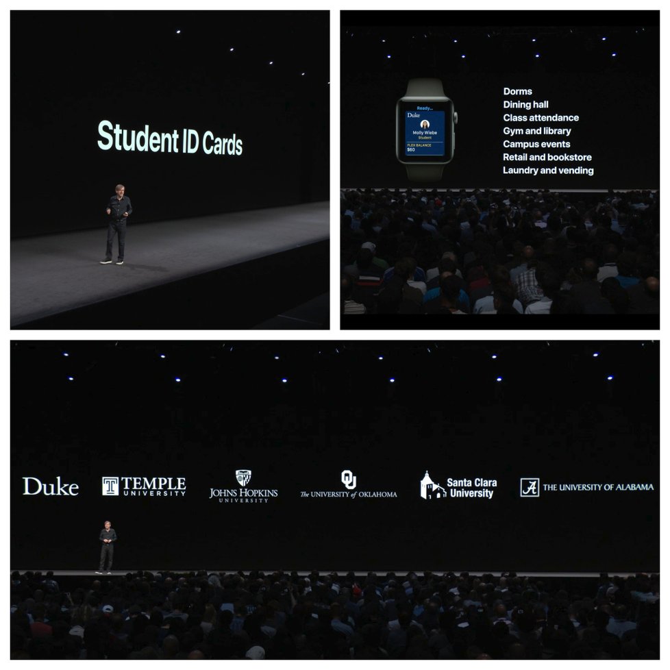  Integrace studenstkých karet do Apple Wallet. S Apple Watch si tak studenti budou moci ve škole otevírat dveře, kupovat jídlo, půjčovat knihy, atd.. Zkrátka to, na co doposud potřebovali kartu. Seznam škol je omezený, ale prý budou přibývat.