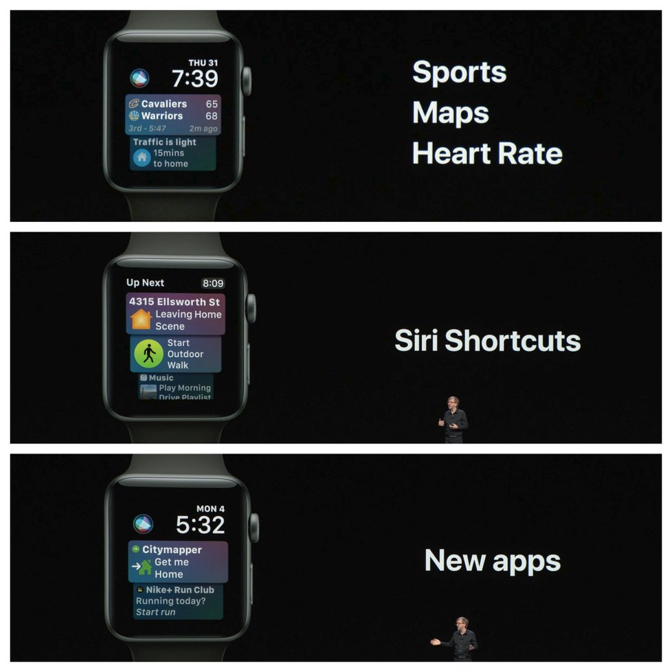  Ciferník Siri umí zobrazit nové sportovní aktivity, mapy, nebo srdeční tep. Nové jsou programovatelné zkratky pro Siri (novinka iOS 12), nebo informace z aplikací třetích stran, čímž padá jeho velká nevýhoda.