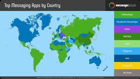 Rozdělení světa mezi jednotlivé platformy. Každá země je vybarvená podle nejpoužívanější platformy. Česko patří Messengeru.