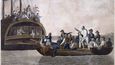 Kapitán William Bligh s loajálními členy posádky při vysazení do člunu z lodi Bounty. Dobová ilustrace Roberta Dodda z r. 1790.