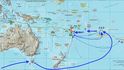 Mapa plavby lodi Bounty (modře) a cesta člunu kapitána Williama Blighe (zeleně)